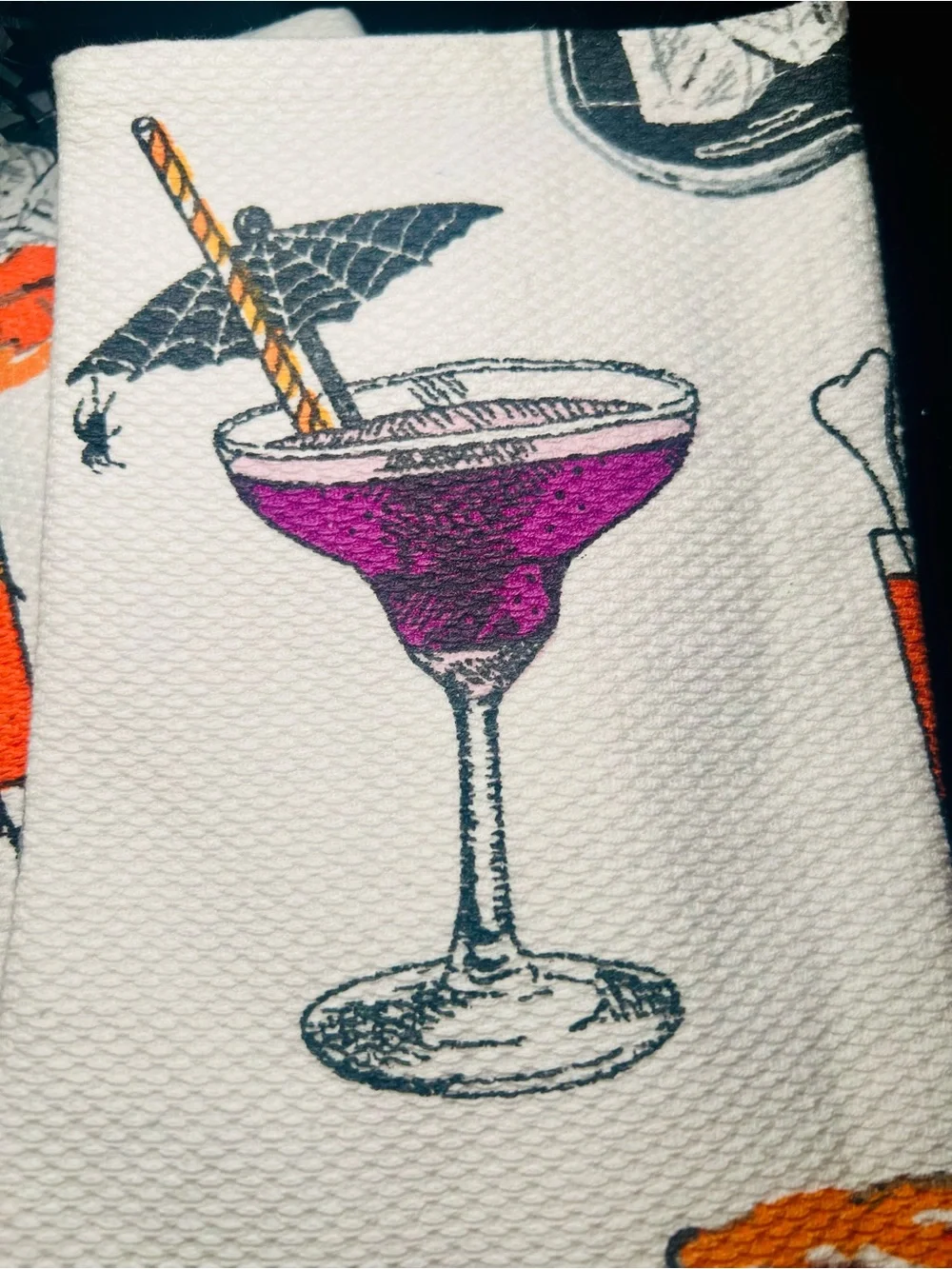 3 Spooky Halloween Cocktails Kitchen Towels Spider Webs Eyeballs Bone Martini